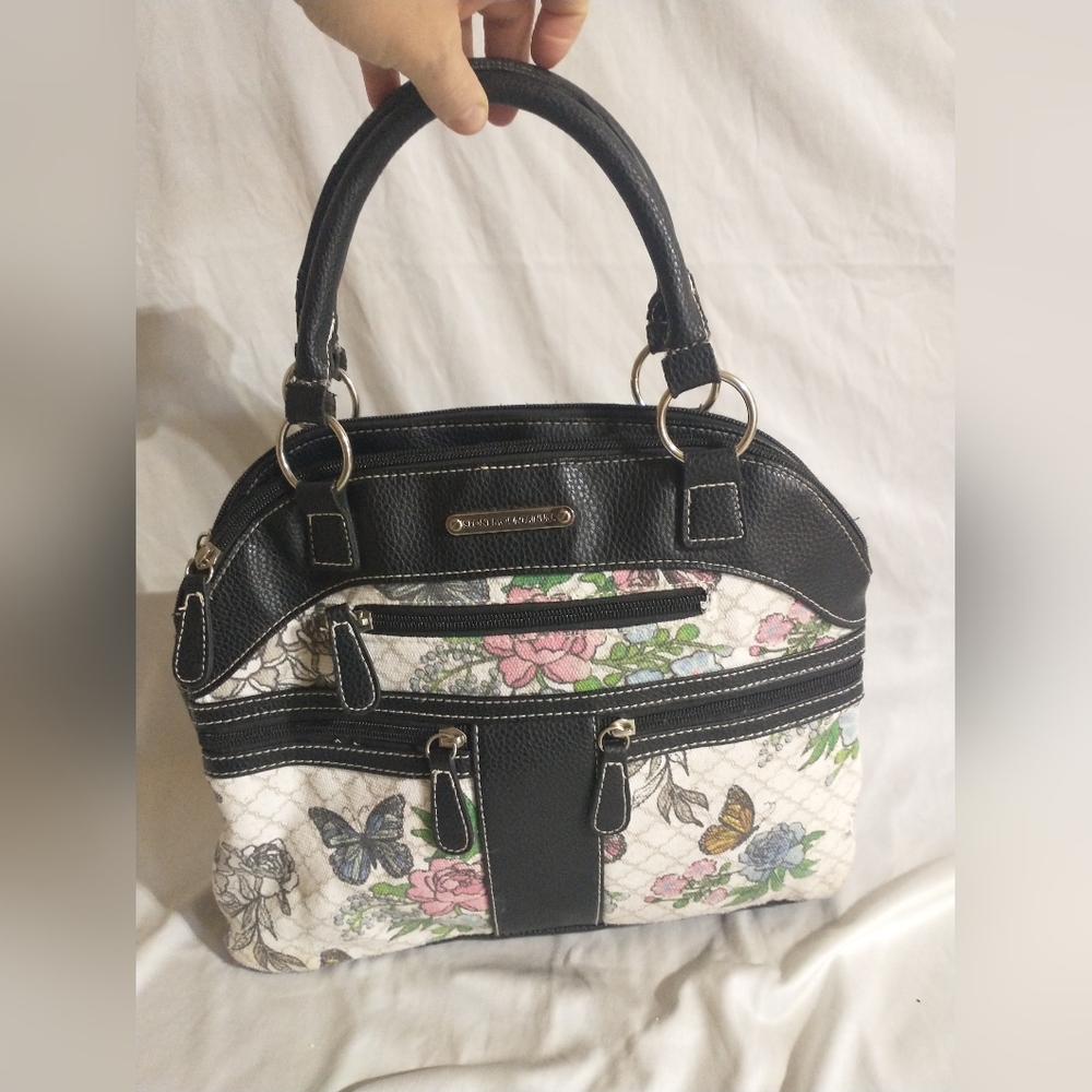 Stone Mountain Dome Shoulder Bag Floral Butterflies Linen Faux Leather Satchel